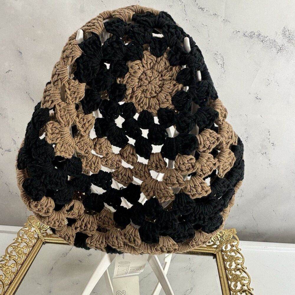 Vtg Style Crochet Granny Square Beanie Hat Boho Slouchy Skull Cap Black Tan Knit - Picture 4 of 7